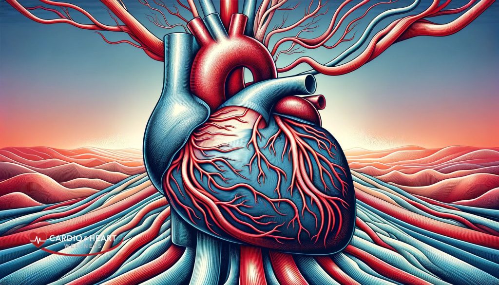 Illustration of a heart with high blood pressure and constricted blood vessels due to nitric oxide deficiency