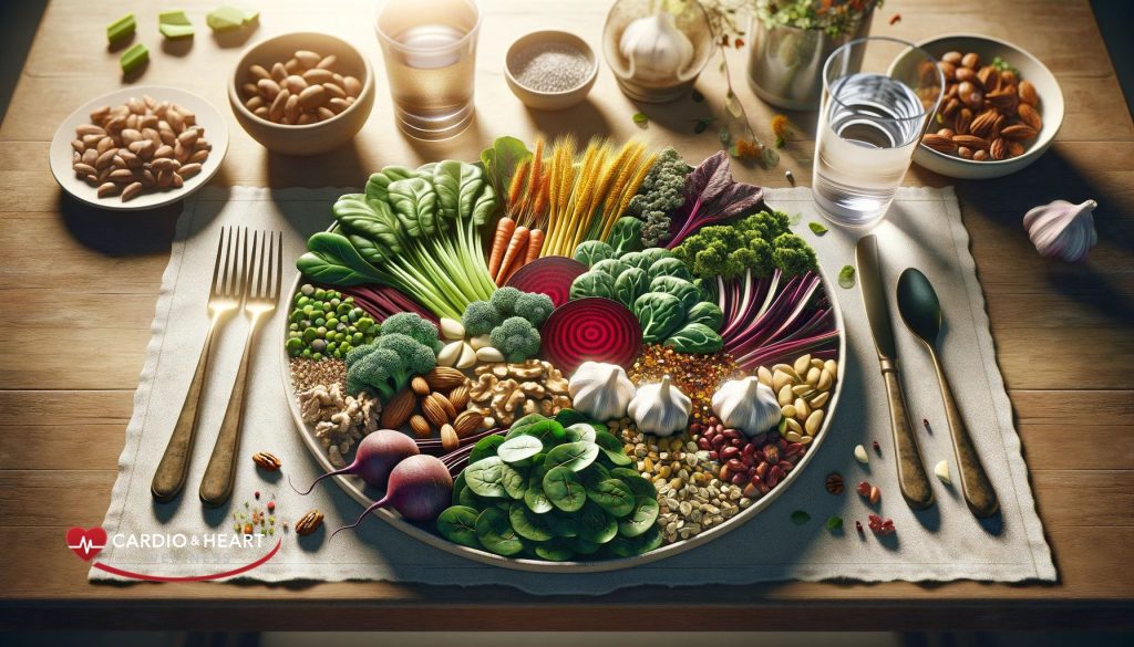 Illustration of plate of nitrate-rich foods and L-arginine sources for enhancing nitric oxide synthesis